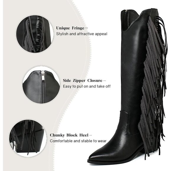 Women Black Synthetic Fringe Tassels Pointed Toe Knee High Western Cowgirl Boots - Picture 3 of 7